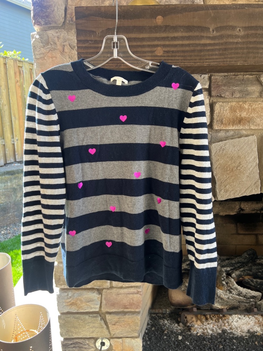 Striped Navy and Gray Heart Knit Sweater Lisa Todd XL